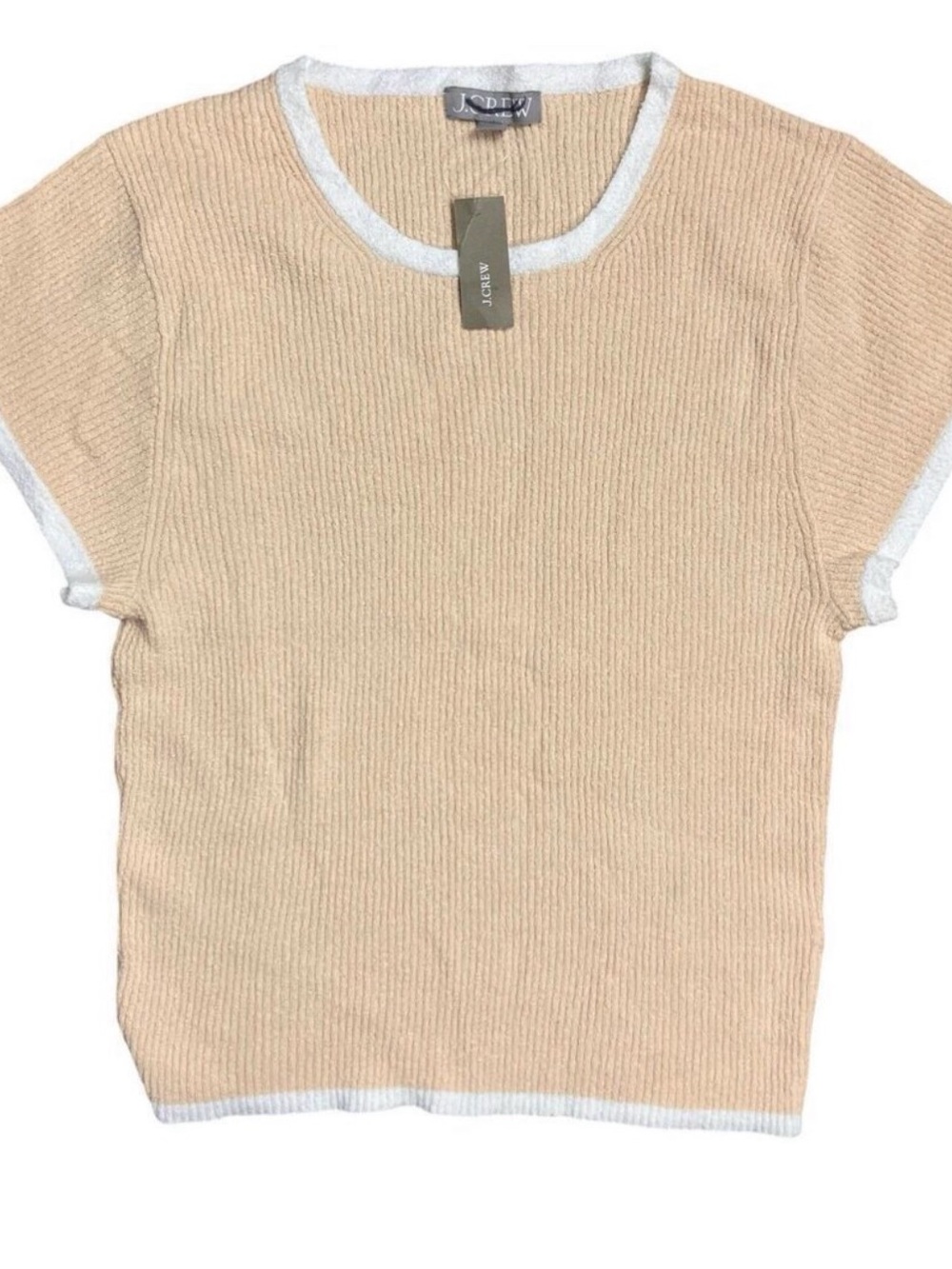 J CREW‎ Women's L Beige Cropped Cap-Sleeve Sweater Babydoll in Raw Cashew Ribbed